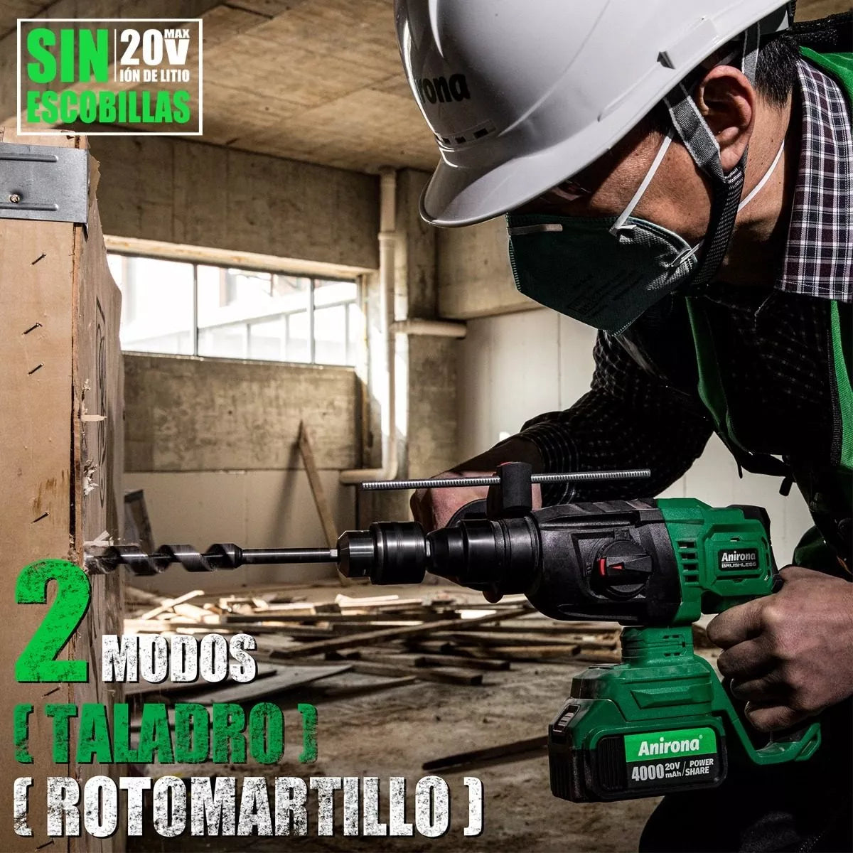 Rotomartillo Taladro Sds-plus Anirona Con 2*4.0ah Batería