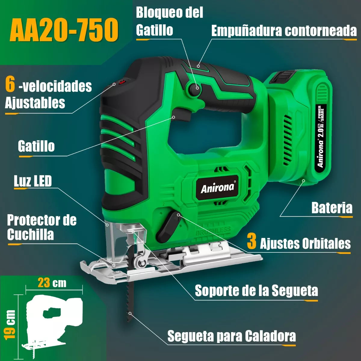 Sierra Caladora Inalámbrico Sin Carbones Anirona 2 Baterías