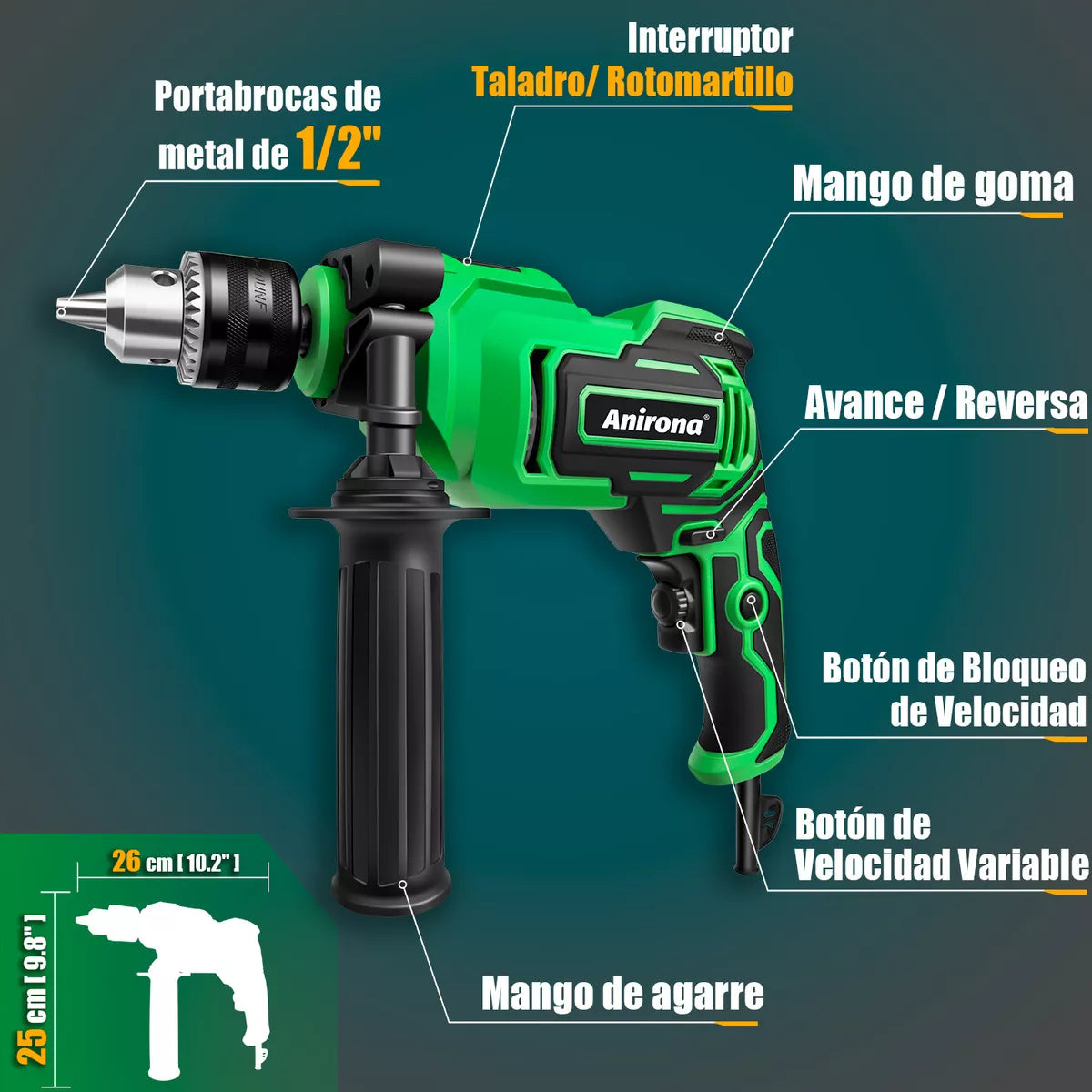 Taladro Rotomartillo 1/2'' Prof 800w Anirona Rh800 C/brocas