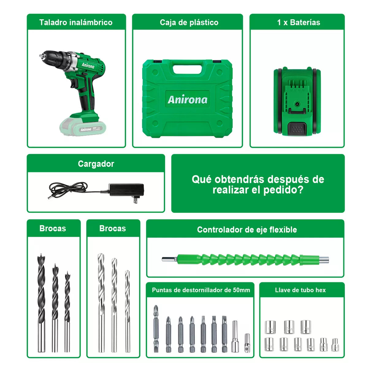 Taladro atornillador inalámbrico de 10mm Anirona AA2015-30 20V + 1 batería de 1.5Ah + accesorios con maletín de transporte