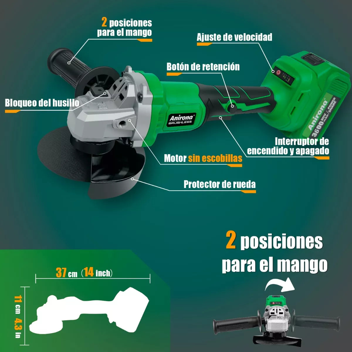 Esmeriladora Angular Inalámbrica 4-1/2 Sin Carbones Anirona