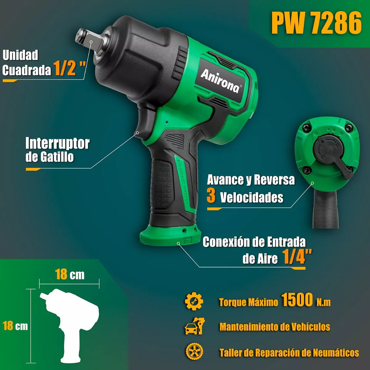 Llave De Impacto Pistola Neumática 1/2'' 1500nm Anirona 7286