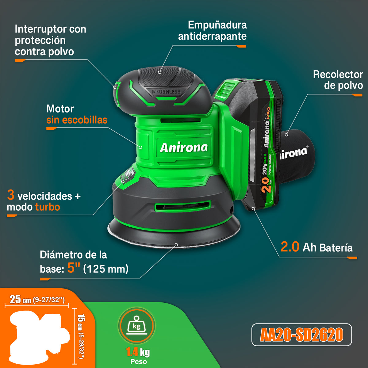 Lijadora Orbital Inalámbrica 20v Brushless Anirona 125mm AA20-SD2620