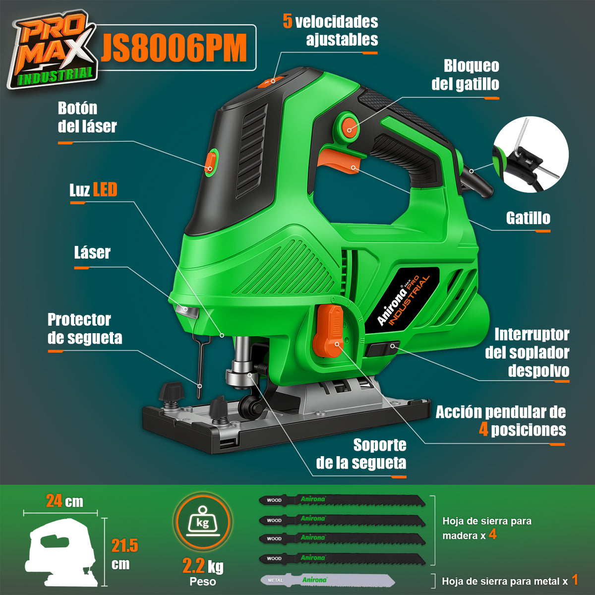 Sierra Caladora Eléctrica 850w Para Madera Anirona Promax JS8006PM
