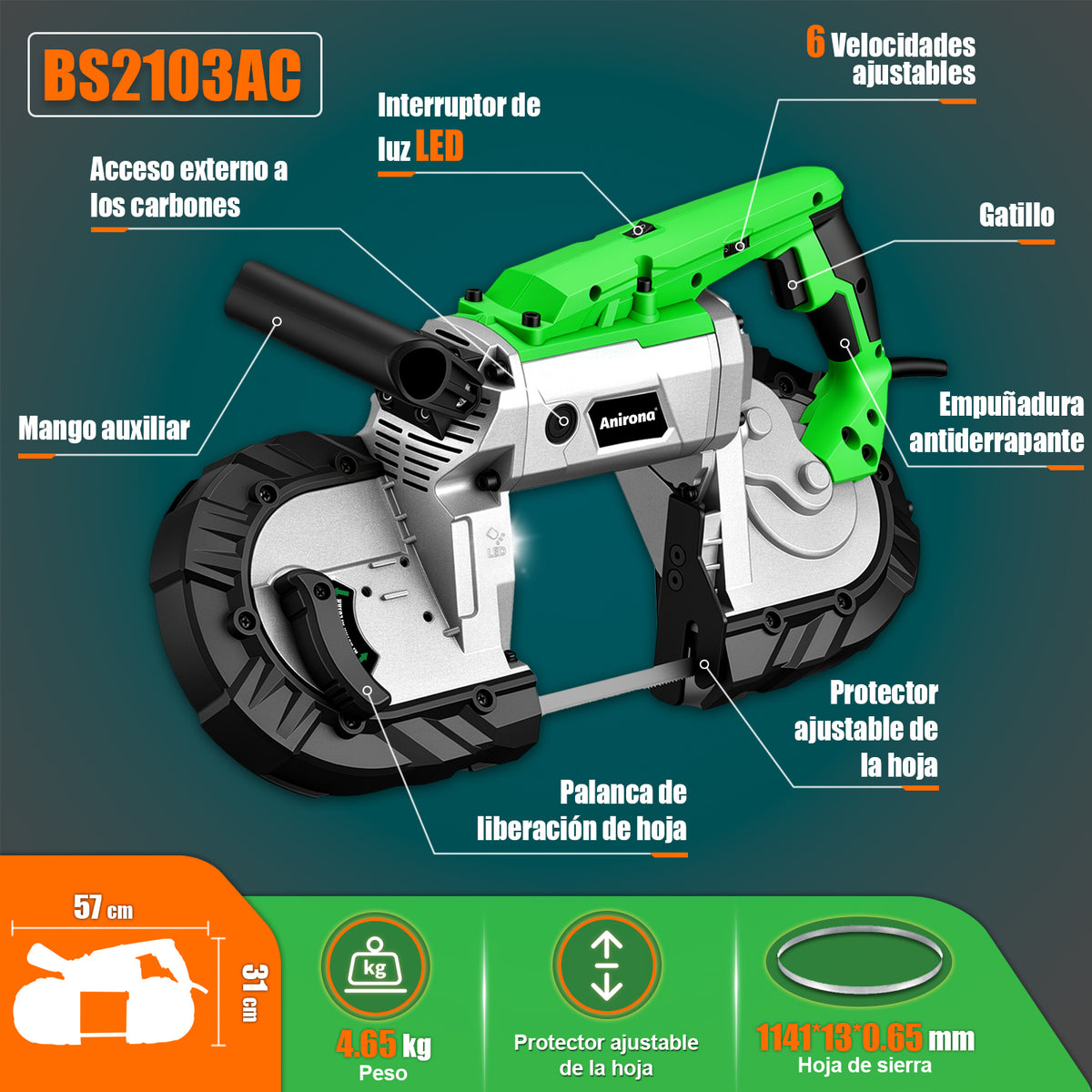 Sierra Cinta Banda Portátil Metal 1100w Cortadora Anirona BS2103AC