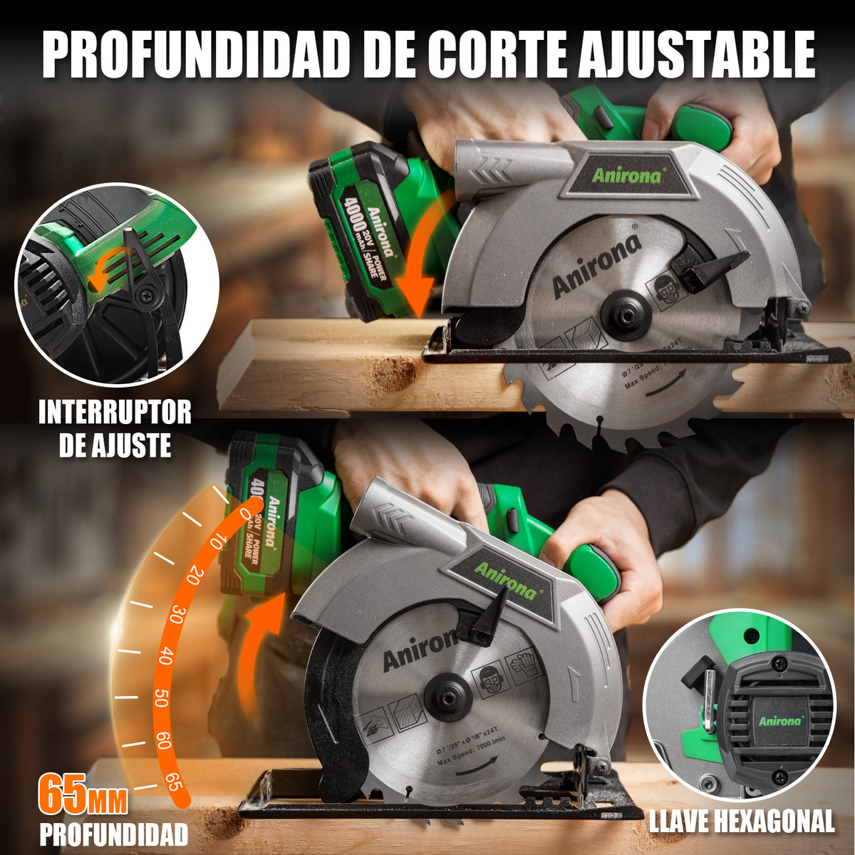 Sierra Circular Sin Carbones Inalámbrico 7-1/4 Anirona 4.0ah A40CS185