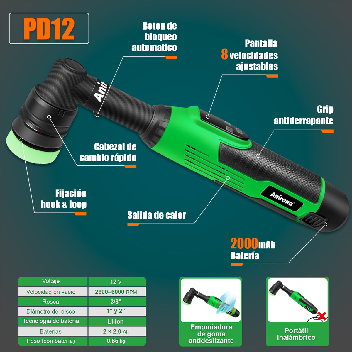 Pulidora Orbital De Doble Acción Con 2 Baterías Anirona PD12
