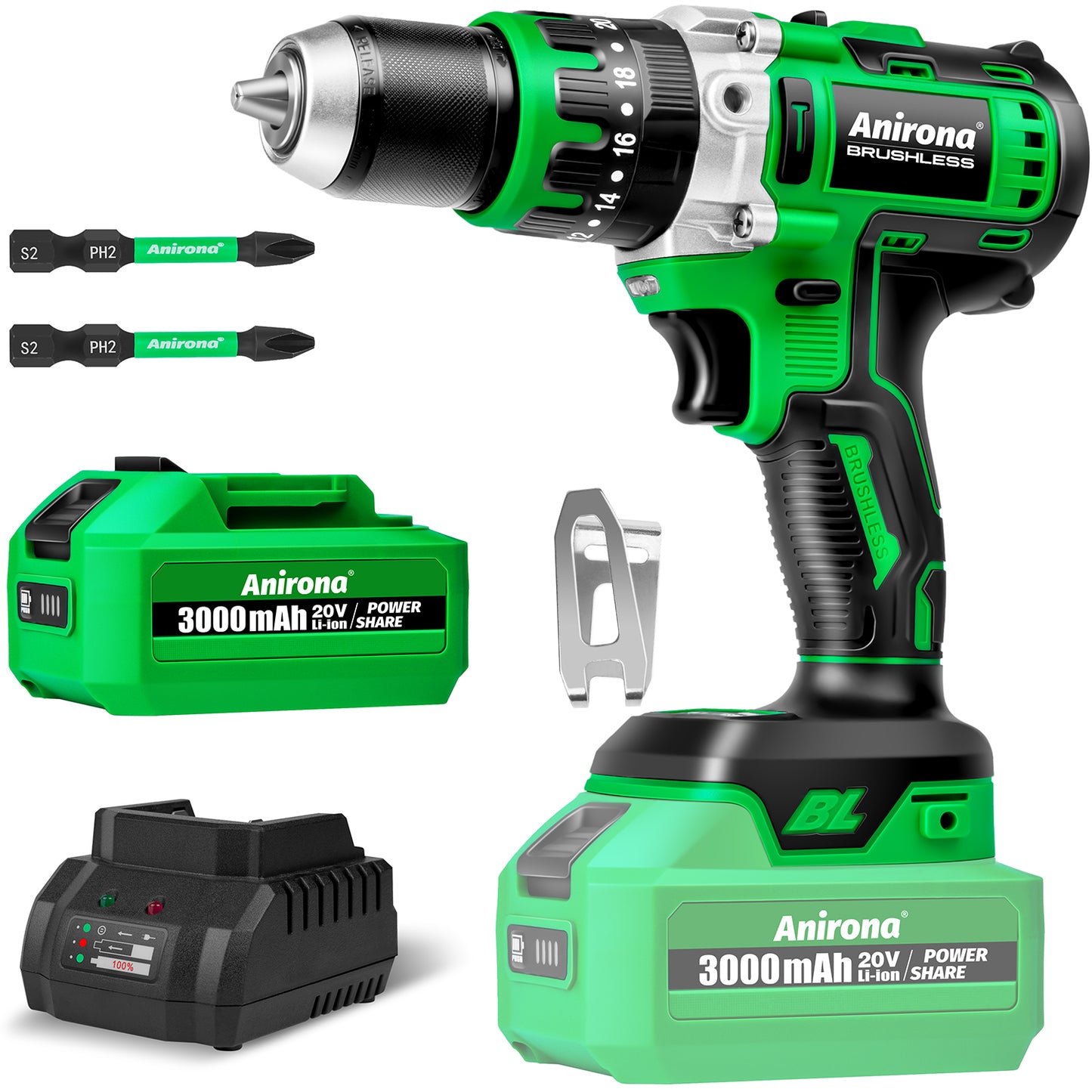 Anirona 20v 3.0ah Pro 1/2'' Brushless Rotary Hammer Drill
