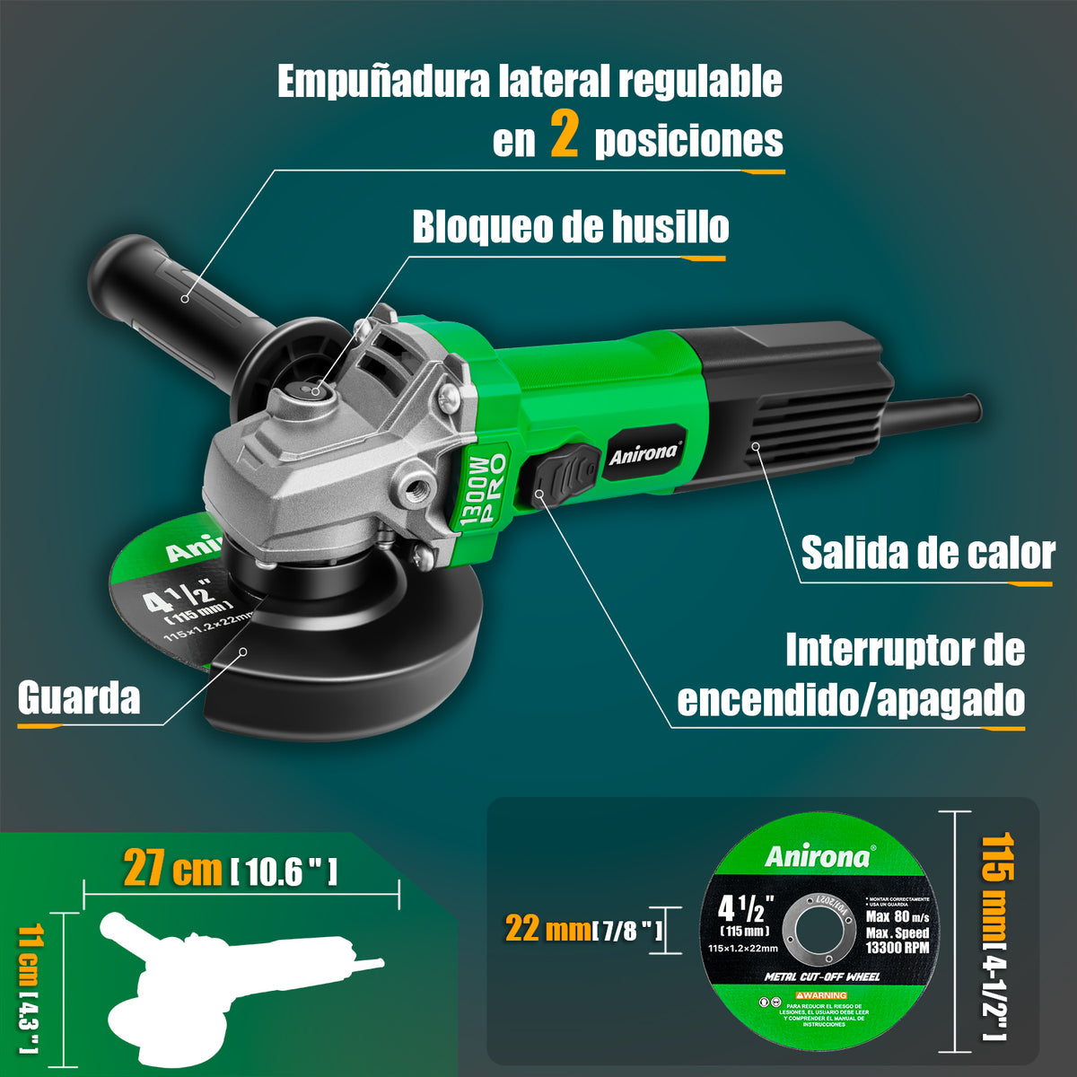 Esmeriladora Angular 1300w Anirona Industrial AG1300