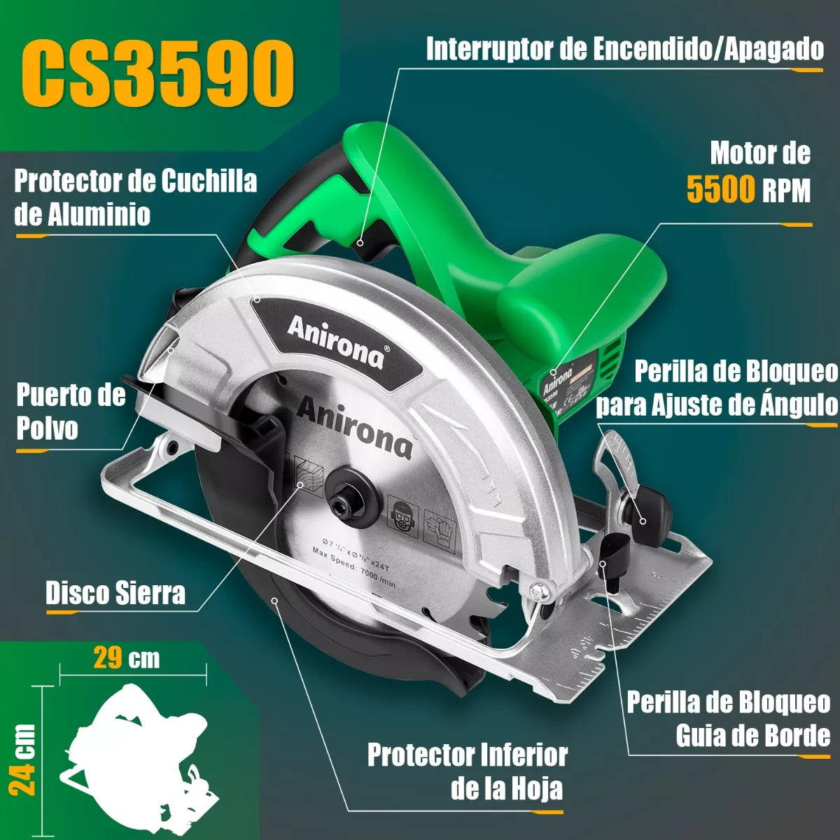 Sierra Circular Anirona 7-1/4 Cs3590 Pro, 1750 W, 60 Hz, 127