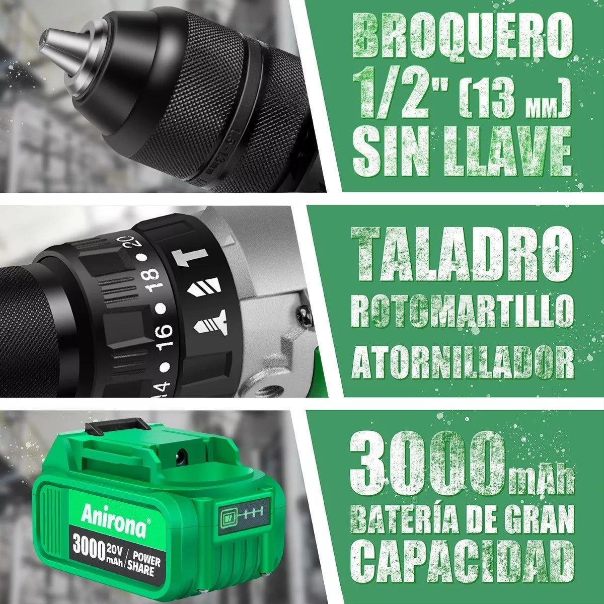 Taladro Rotomartillo 1/2'' Anirona 2*3.0ah Batería Kit Pro