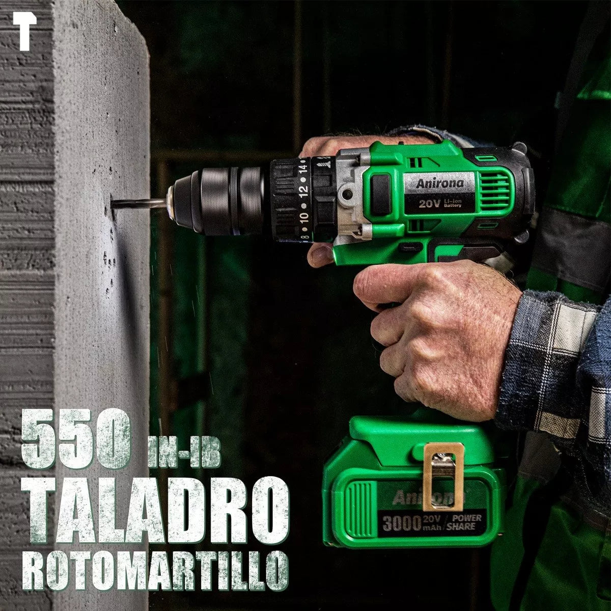 Taladro Rotomartillo 1/2'' Anirona 2*3.0ah Batería Kit Pro