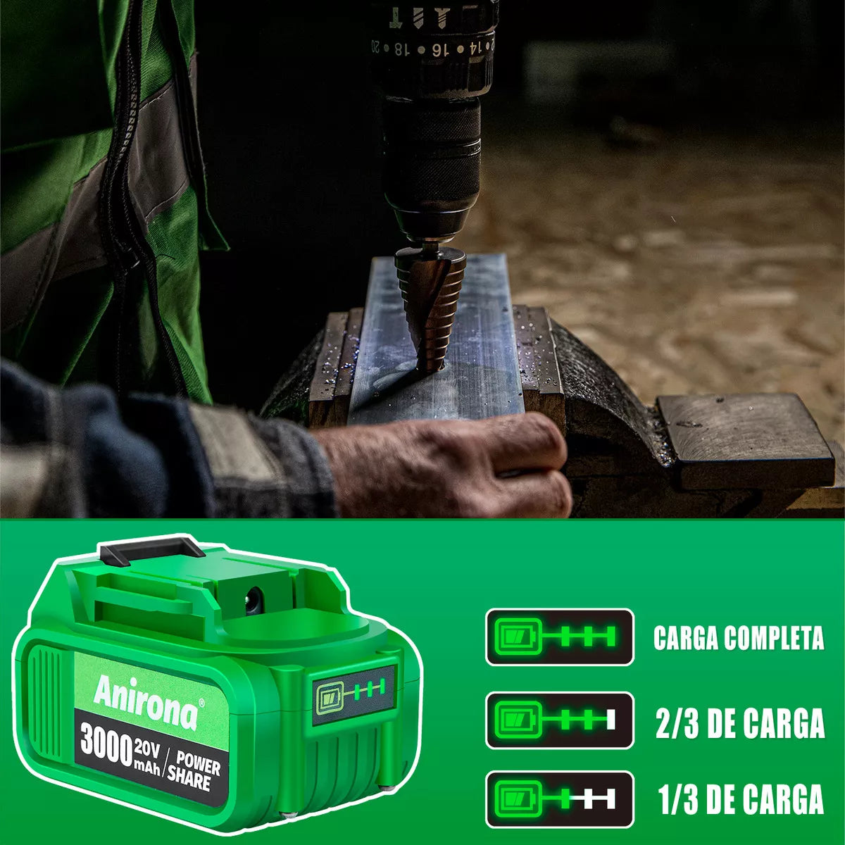 Taladro Rotomartillo 1/2'' Con 3.0ah Batería Anirona Aa20151 Color Verde oscuro