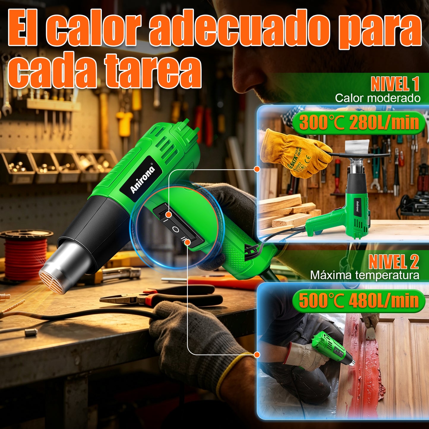 Pistola De Calor Anirona Temperatura Regulable Con Accesorio PCA150