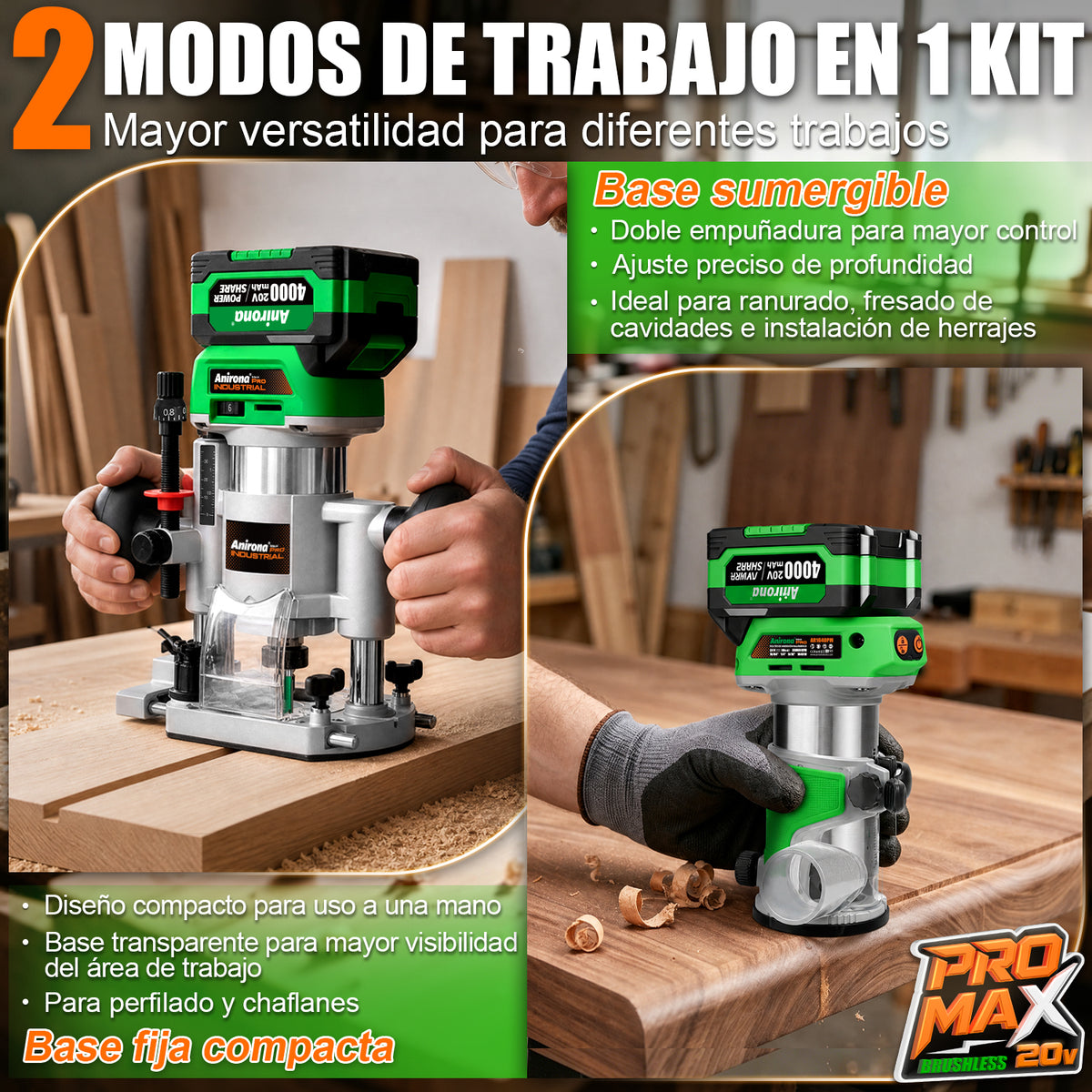 Router Fresadora Recortadora Madera 2 En 1 Inalámbrica 20v AR1640PM