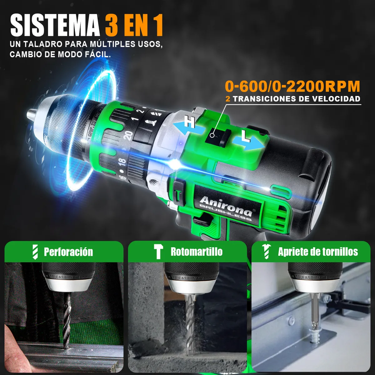 Taladro Rotomartillo Sin Carbón 2 Baterías 3000mah 13mm 1/2 Mandril Anirona