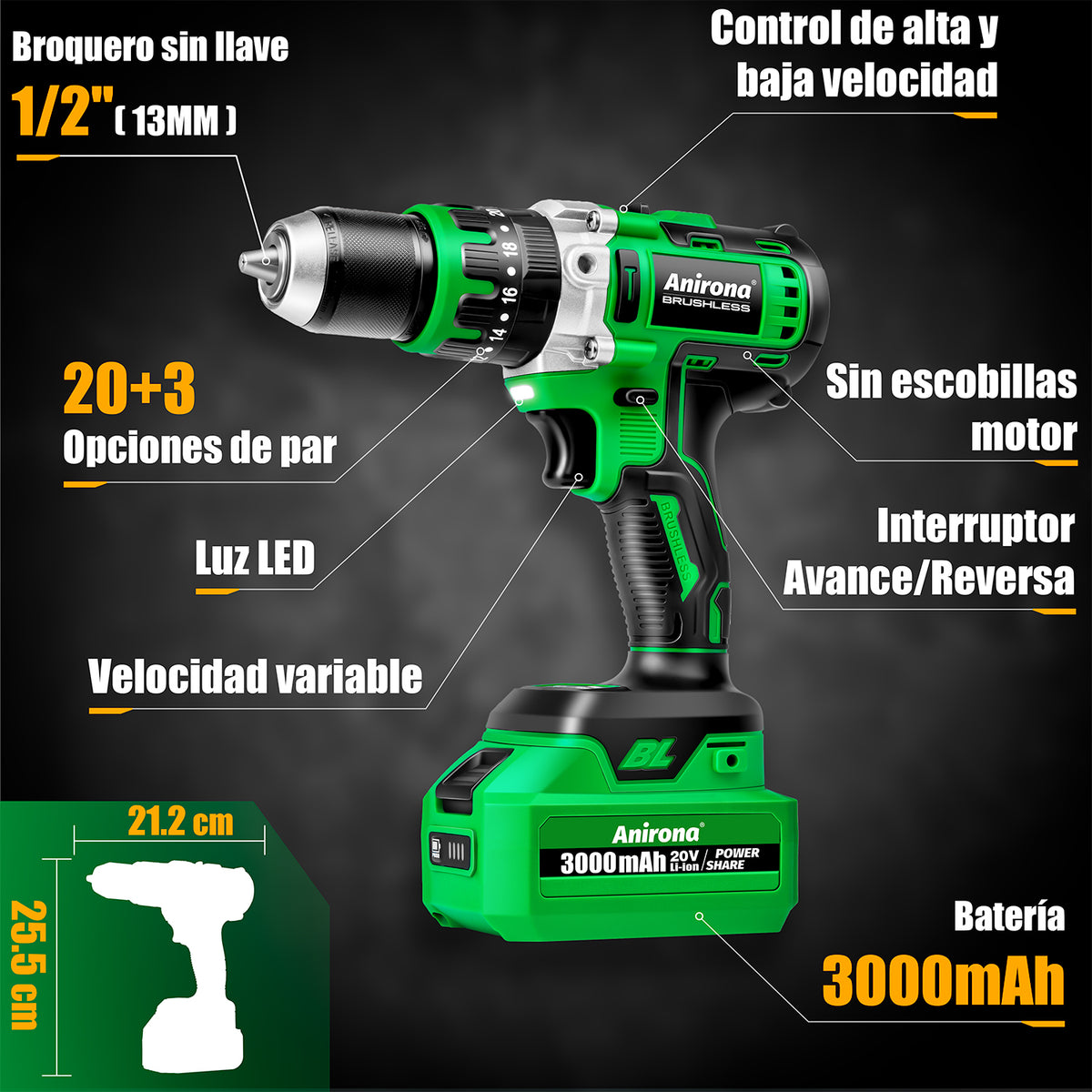 Taladro Rotomartillo Sin Carbón 2 Baterías 3ah 1/2'' Anirona AA13NBL-31