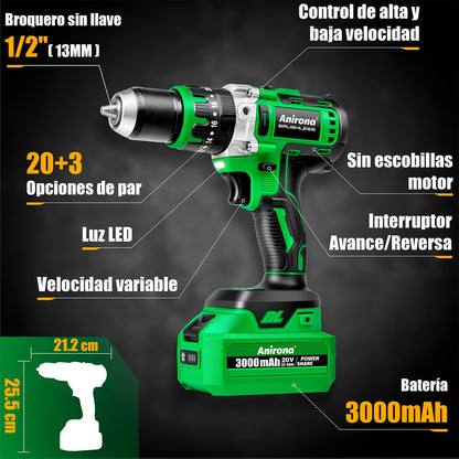 Taladro Rotomartillo Sin Carbón 2 Baterías 3ah 1/2'' Anirona AA13NBL-31