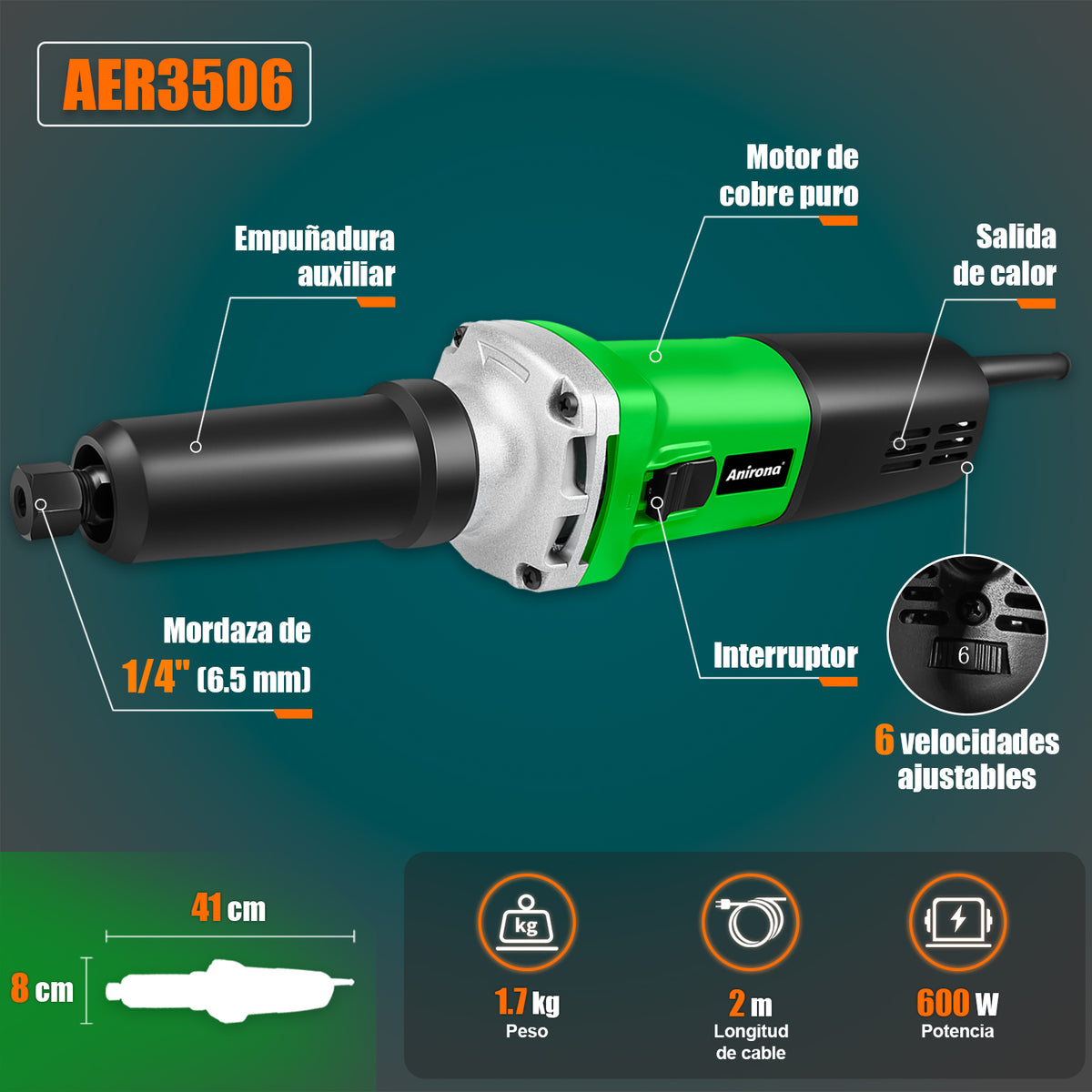 Esmeril Recto Rectificador 1/4"" 600w  Anirona AER3506