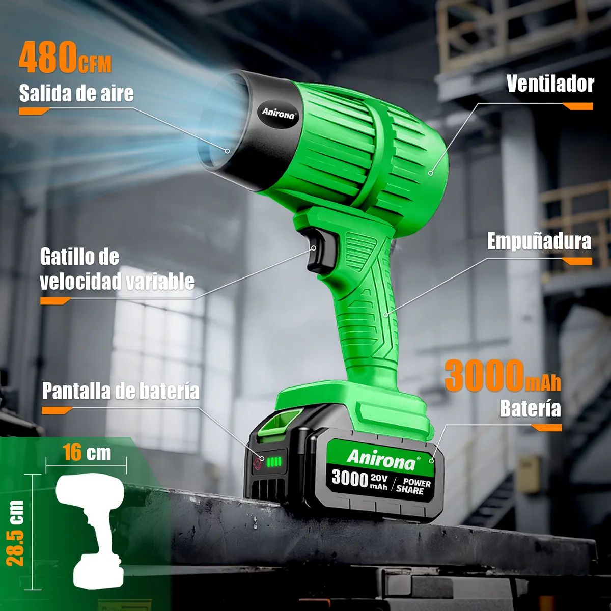 Soplador De Aire Para Hojas Inalámbrico Anirona 2 Baterías