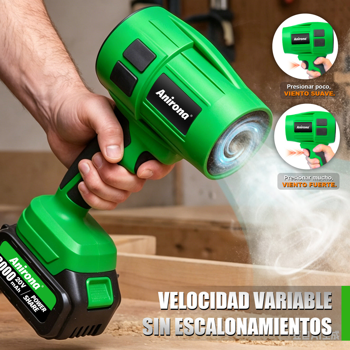 Soplador De Aire Para Hojas Inalámbrico Anirona 2 Baterías AA20-S480