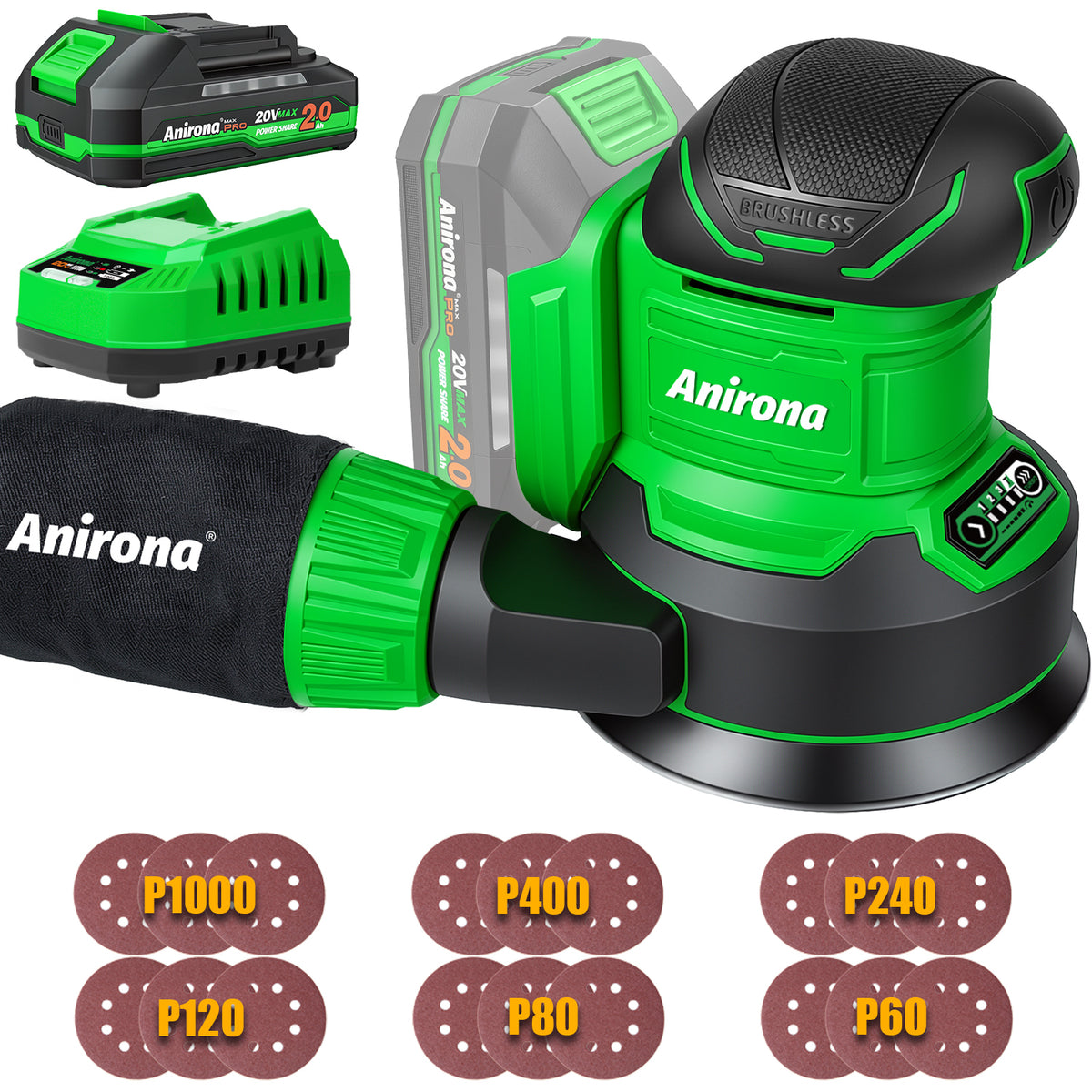Lijadora Orbital Inalámbrica 20v Brushless Anirona 125mm AA20-SD2620