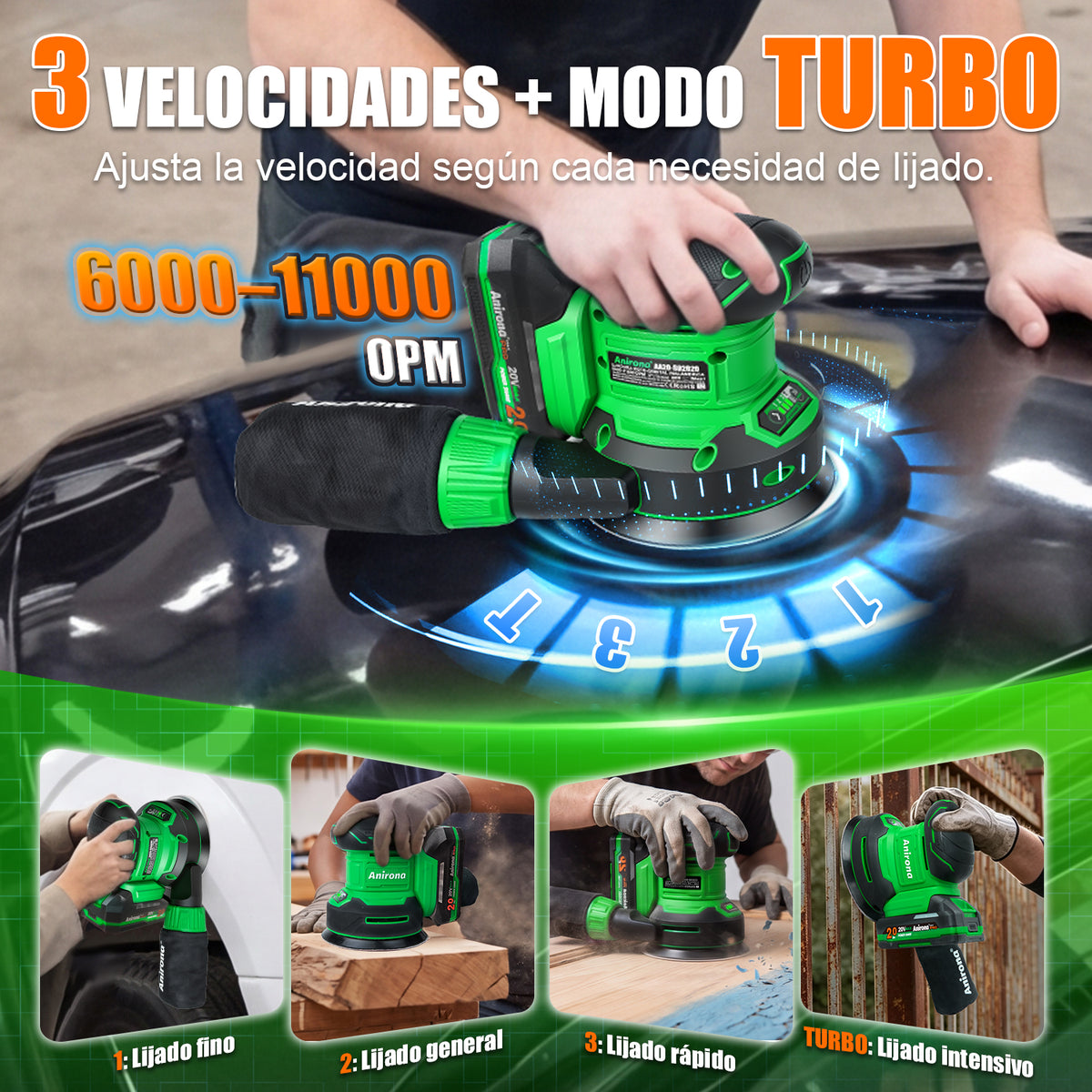 Lijadora Orbital Inalámbrica 20v Brushless Anirona 125mm AA20-SD2620