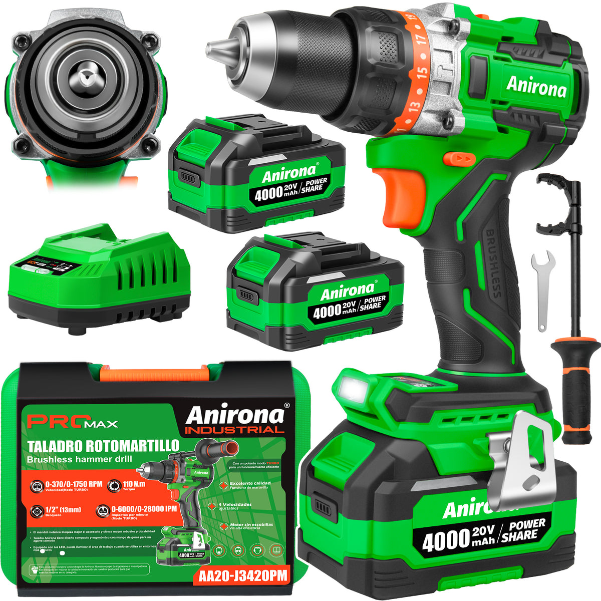 Taladro Rotomartillo Sin Carbón 2 Baterías 4ah 1/2'' Promax AA20-J3420PM
