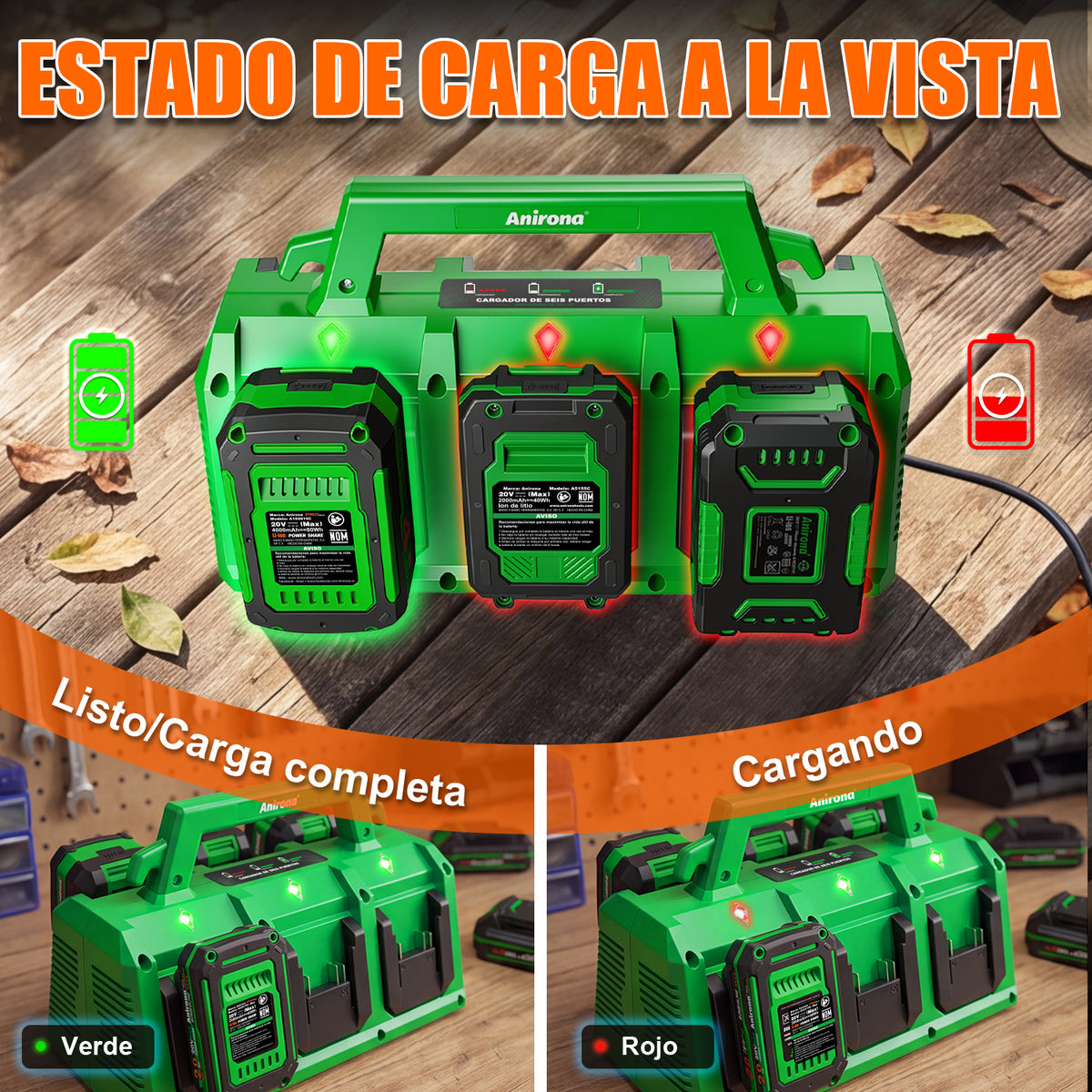 Cargador 6 Baterías Carga Simultánea Anirona 20v Ion Litio CG20-6AS