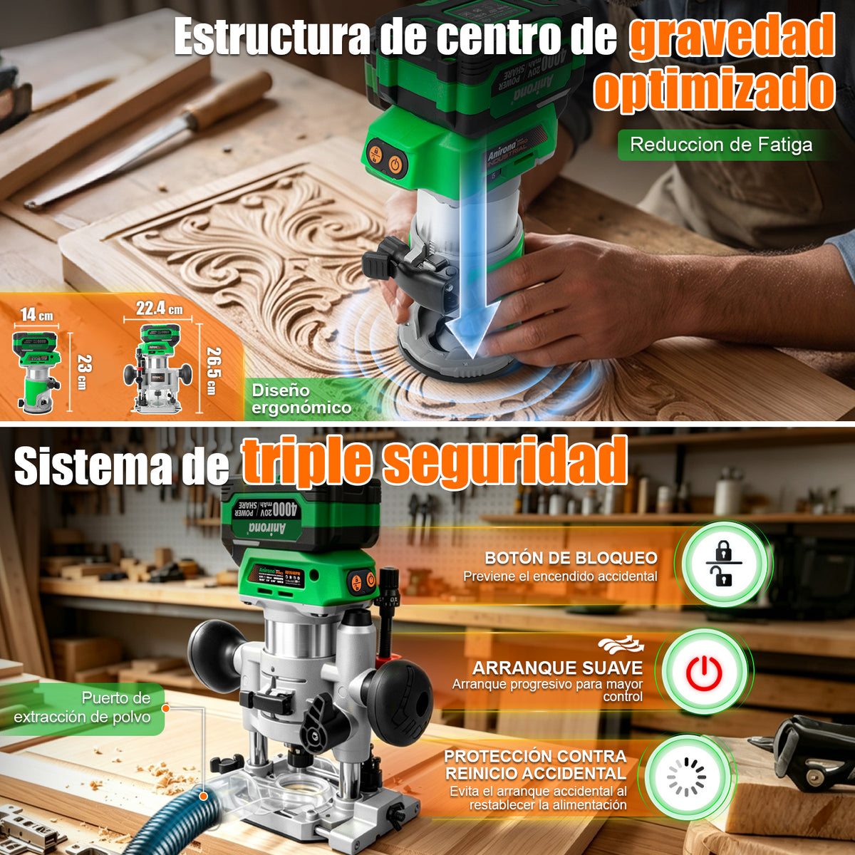 Router Fresadora Recortadora Madera 2 En 1 Inalámbrica 20v AR1640PM