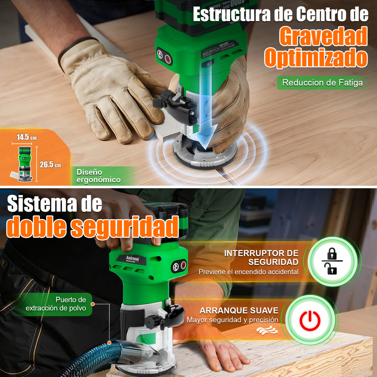 Router Rebajadora Inalámbrico Brushless 20v 4.0ah Anirona AA20-R2302