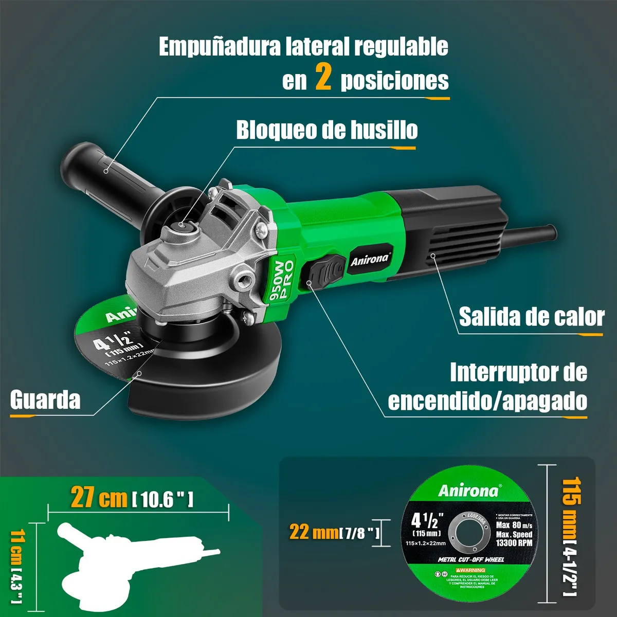 Esmeriladora Angular 950w Anirona Profesional Ag950