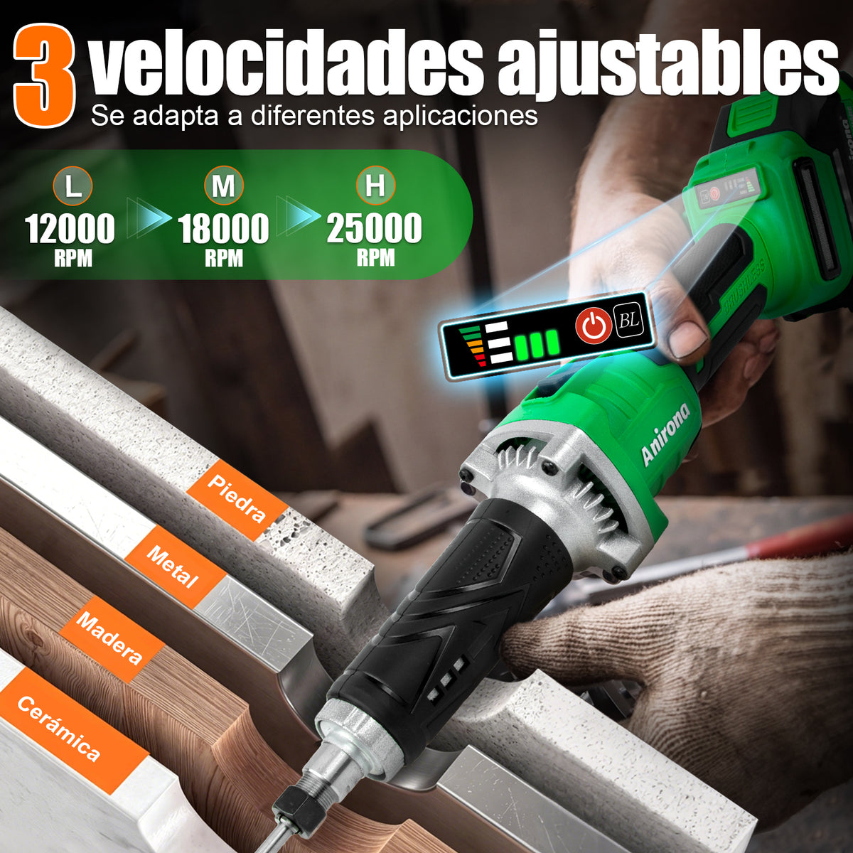 Rectificadora Recta Inalámbrico 1/4'' Brushless 20v Esmeril AA20-E503
