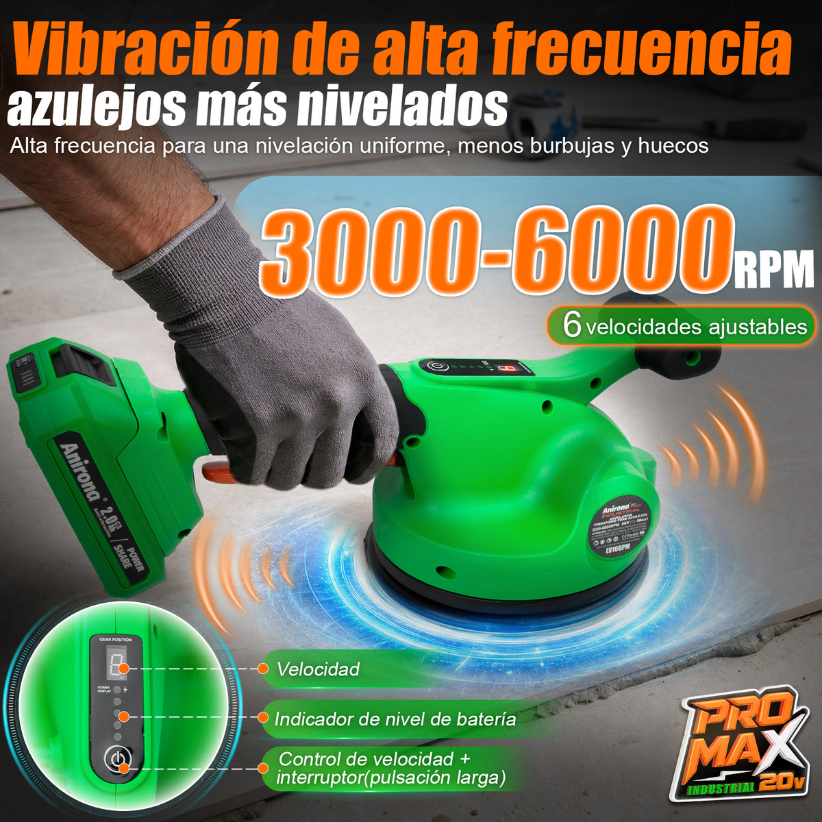 Vibrador De Azulejo 166mm Inalámbrico Anirona Promax 70kg LV166PM