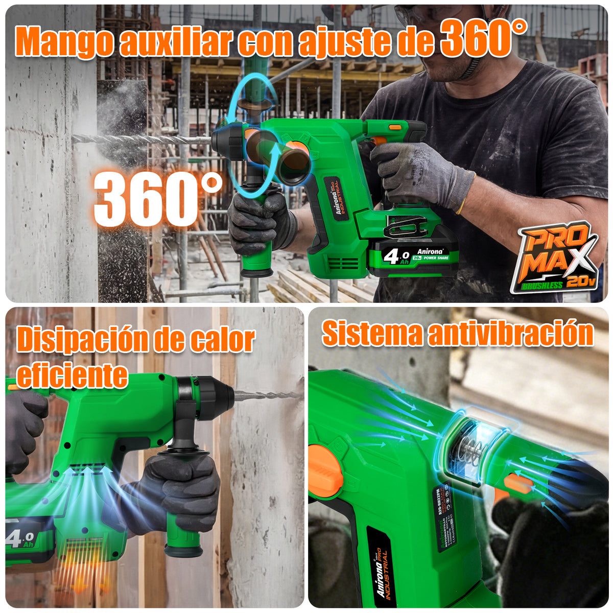Rotomartillo Cincelador Inalámbrica 2baterías Anirona Promax AA20-RH22PM