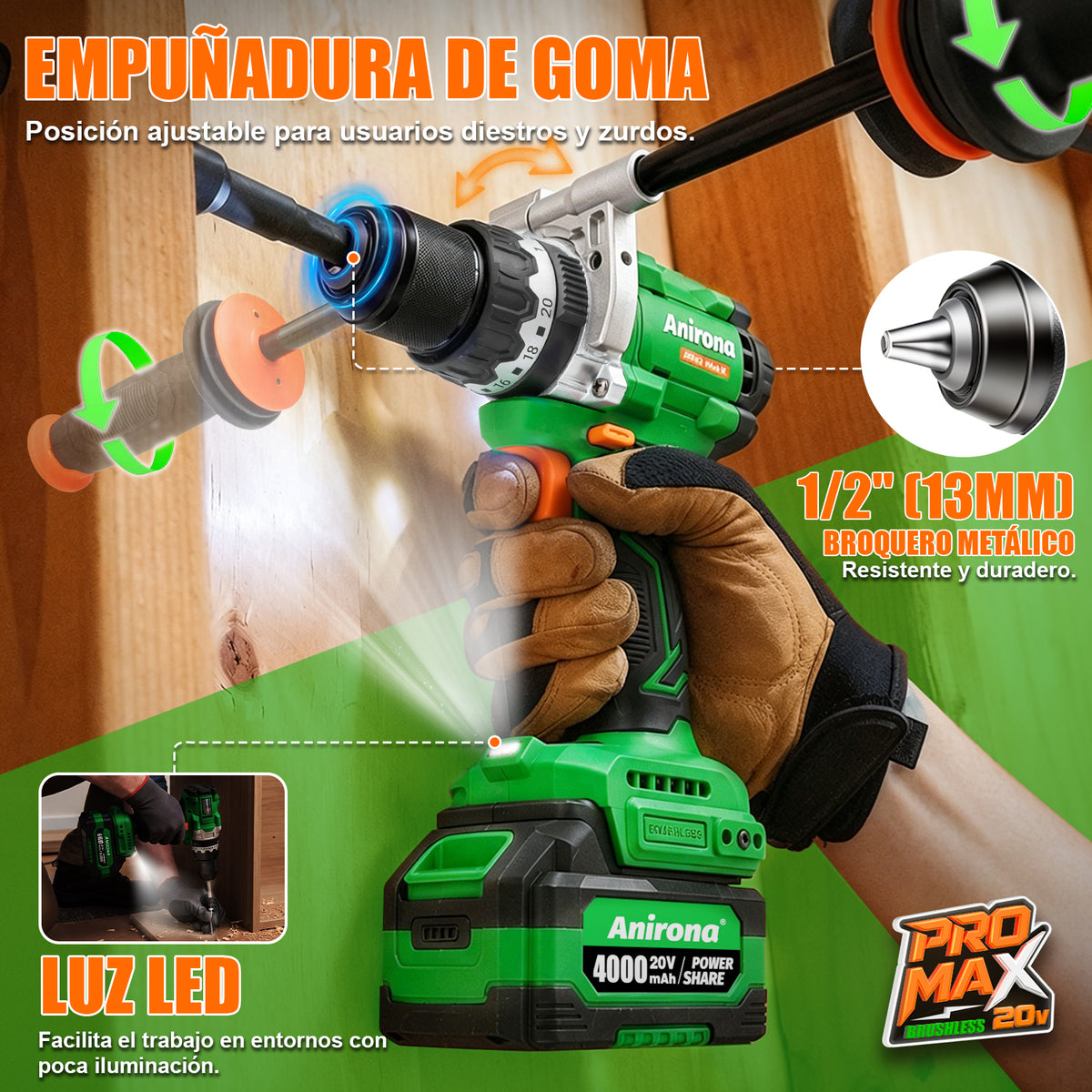 Taladro Inalámbrico 150nm Brushless 1/2'' Anirona Promax 4ah AA20-D617PM