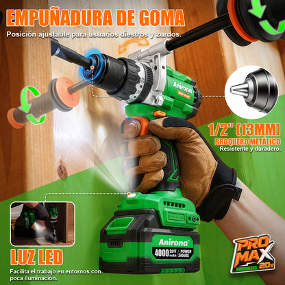 Taladro Inalámbrico 150nm Brushless 1/2'' Anirona Promax 4ah AA20-D617PM