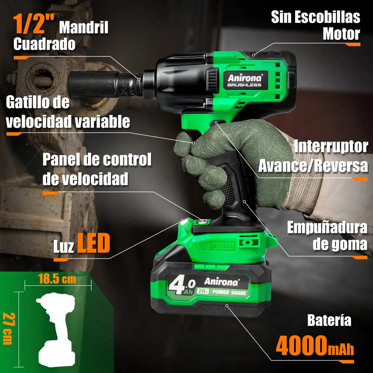 Llave De Impacto 700nm Inalámbrico Con 4.0ah Batería Anirona