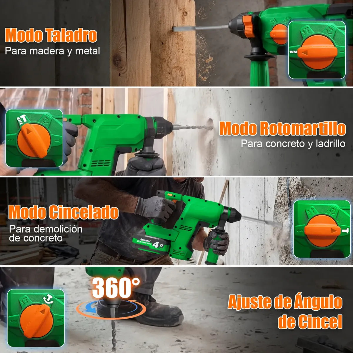 Rotomartillo Cincelador Inalámbrica 2baterías Anirona Promax