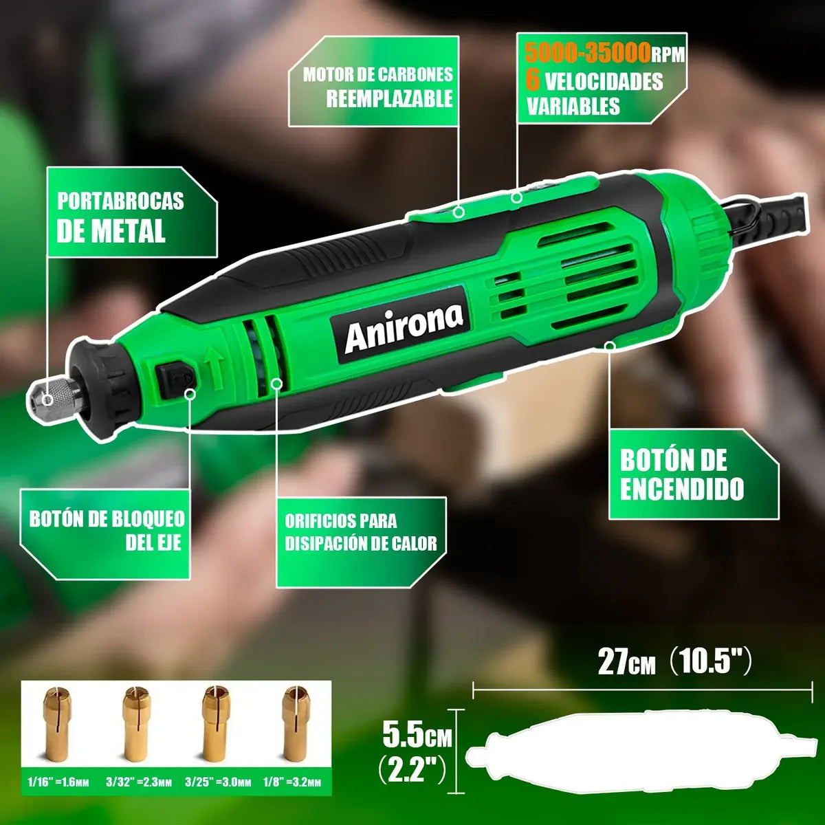 Mini Taladro Mototool Esmeril Anirona Con Accesorios 135w