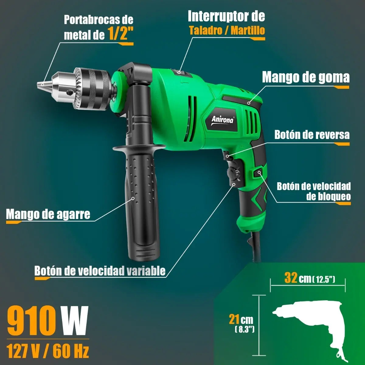 Taladro Rotomartillo Anirona 1/2 Pro 910w C/brocas Y Puntas
