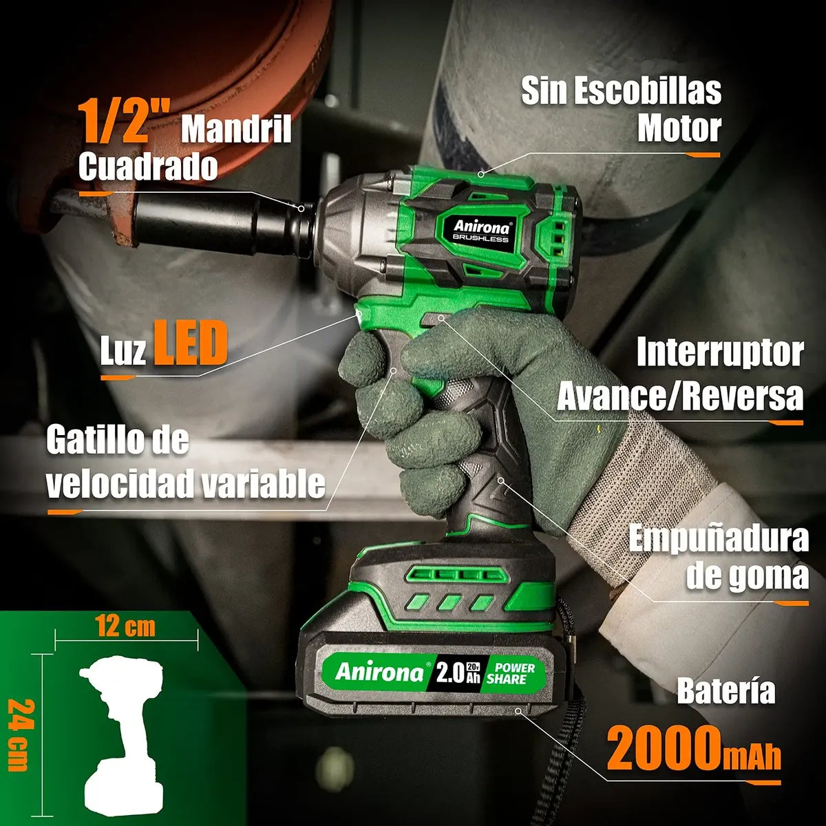 Llave De Impacto Inalámbrico Sin Carbons Anirona C/2baterías
