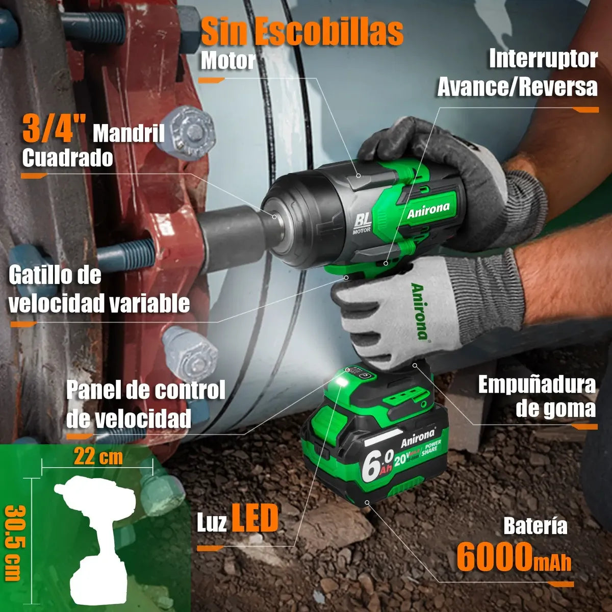 Llave De Impacto 1800nm Inalámbrica 3/4'' 6.0ah Batería Ind.