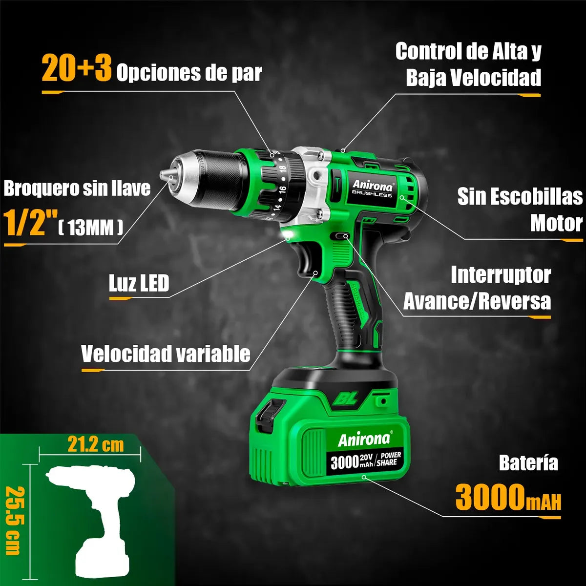 Taladro Rotomartillo Sin Carbón 2 Baterías 3000mah Anirona