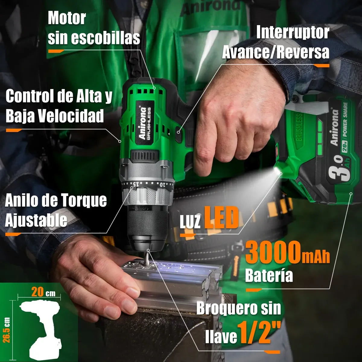 Taladro Rotomartillo Sin Carbones 2baterías 80nm 1/2 Anirona