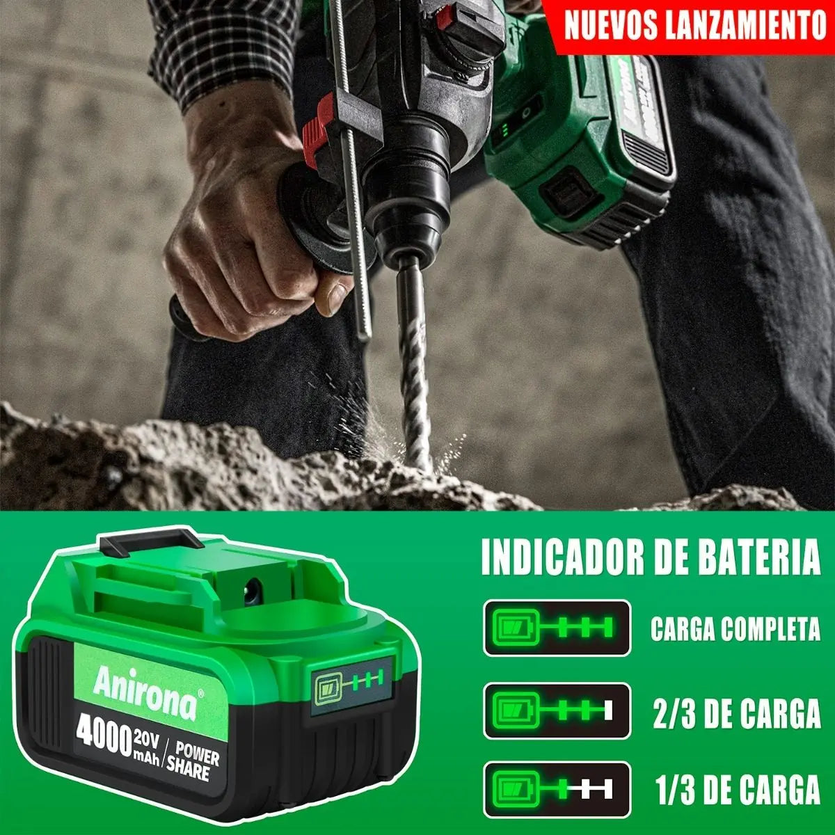 Rotomartillo Taladro Sds-plus Anirona Con 2*4.0ah Batería