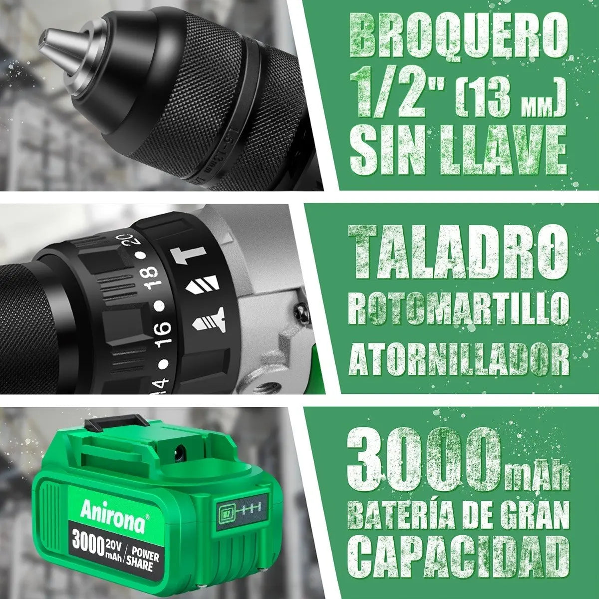 Taladro Rotomartillo 1/2'' Con 3.0ah Batería Anirona Aa20151