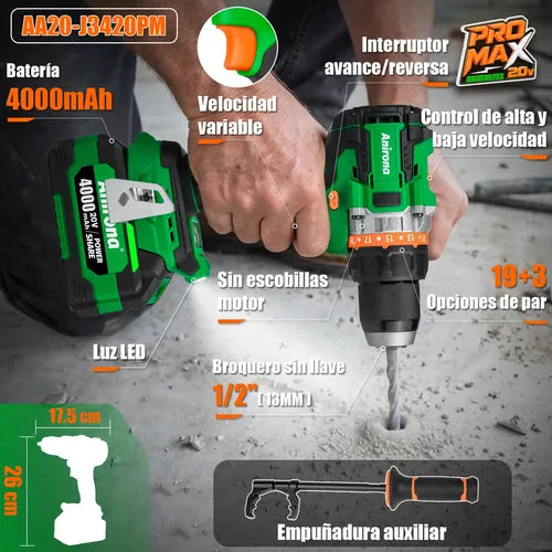 Taladro Rotomartillo Sin Carbón 2 Baterías 4ah 1/2'' Promax