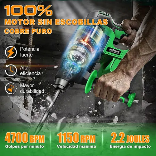 Rotomartillo Sin Carbón Cincelador 2 Baterías 4.0ah Anirona