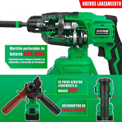 Rotomartillo Taladro Sds-plus Anirona Con 2*4.0ah Batería